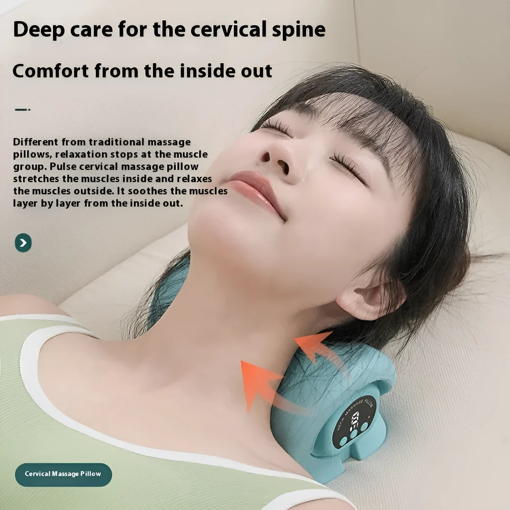Blue-green portable massage pillow for neck and shoulders with EMS and heat functions