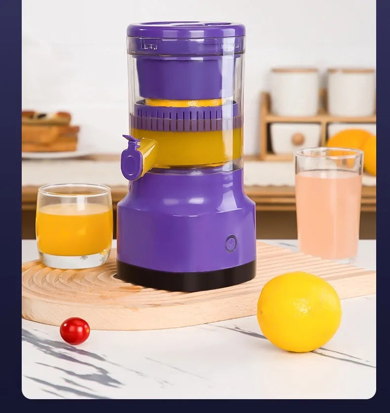 Purple USB rechargeable electric citrus juicer with cone and pulp filter, 2400mAh dual battery, 400ml capacity
