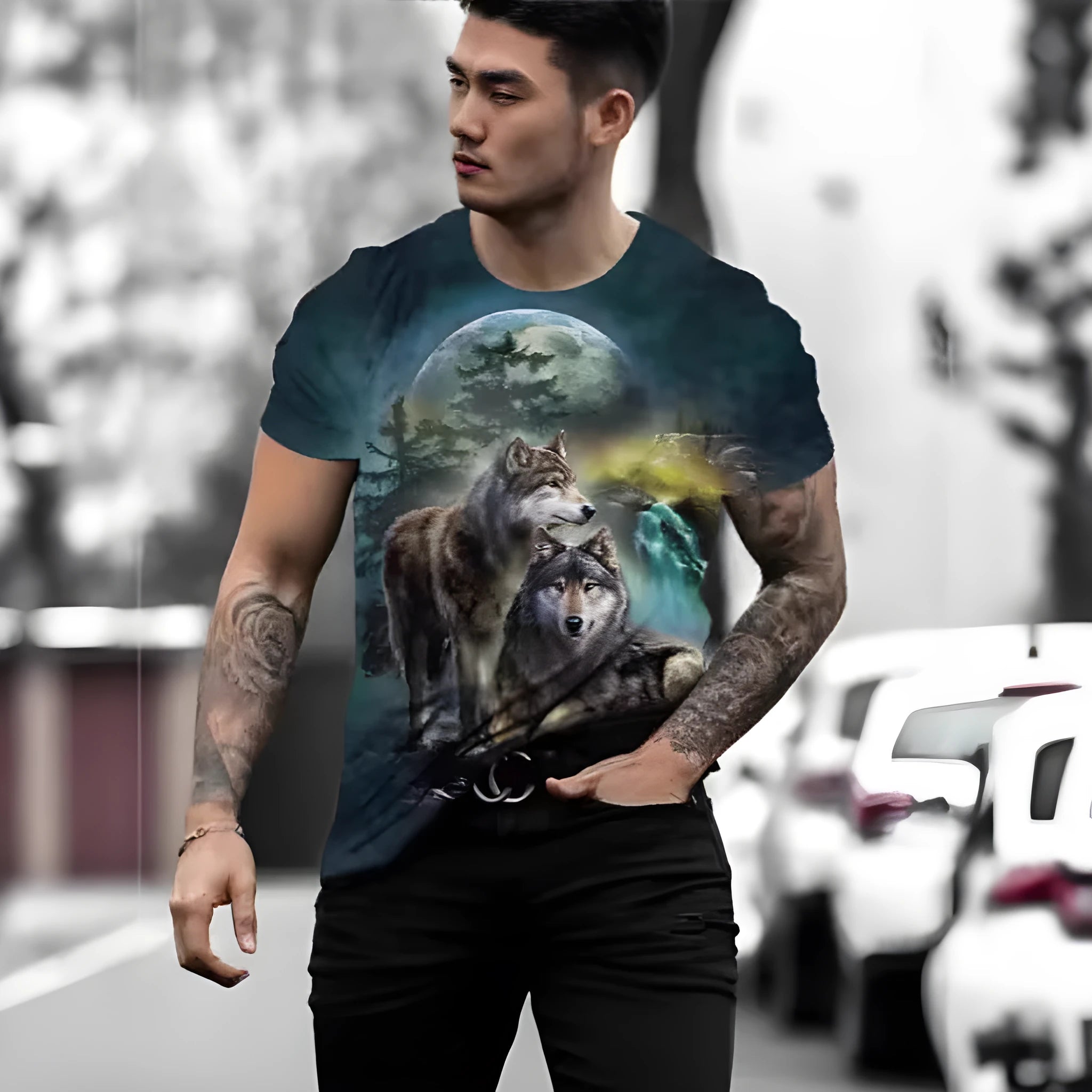 Retro 3D animal print on a men's short-sleeved light grey pullover T-shirt.