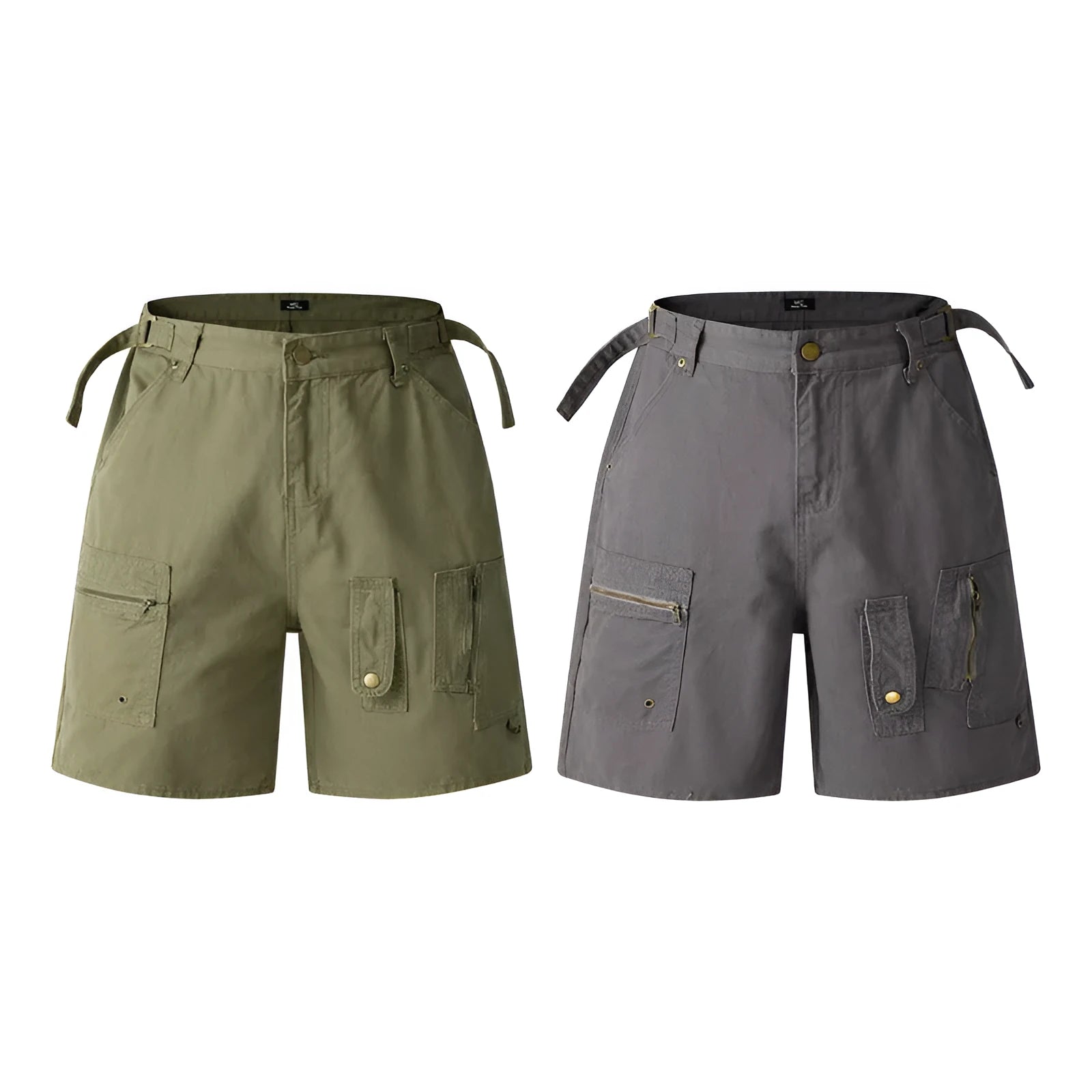 Retro workwear shorts in washed cotton cloth with zipper fastening and loose fifth pants length fit
