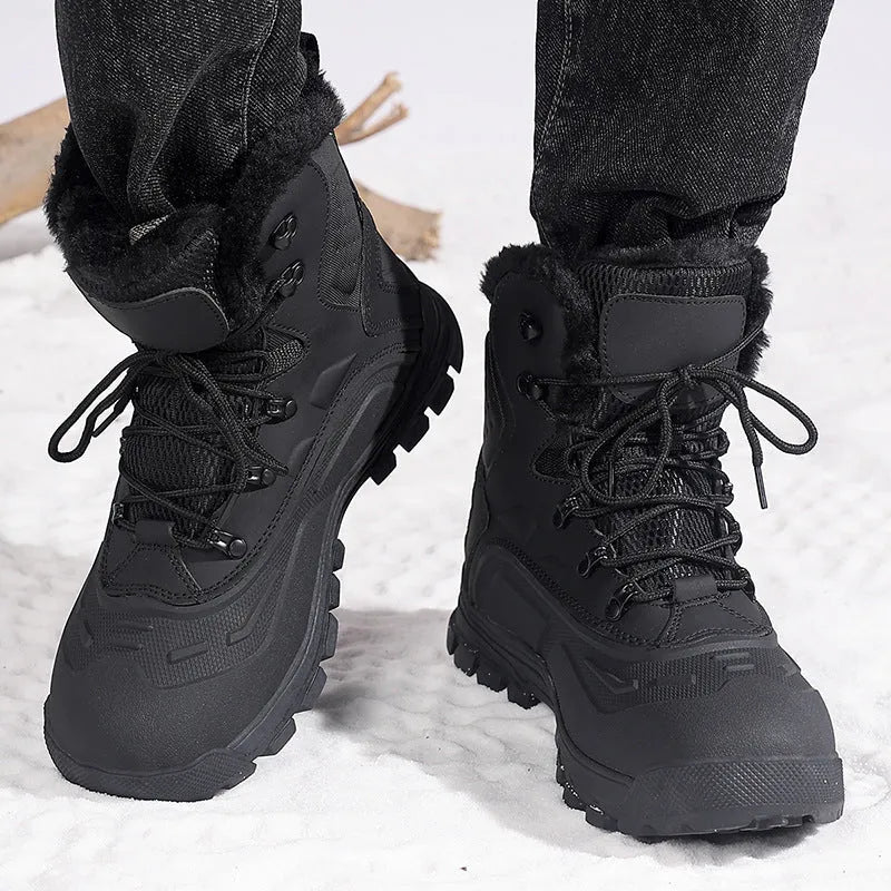 Men's black fleece-lined high-top boots with lace-up front and tall crown design