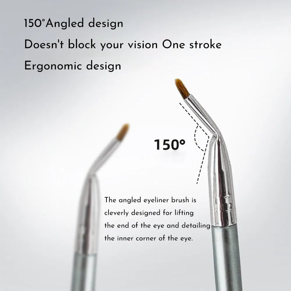 Close-up of a bend head angled makeup brush for eyeliner and eye detail.