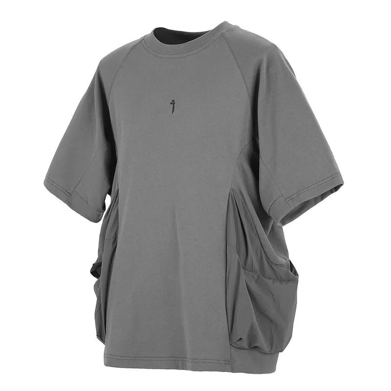 Men's loose grey cotton t-shirt with big pockets showing front design