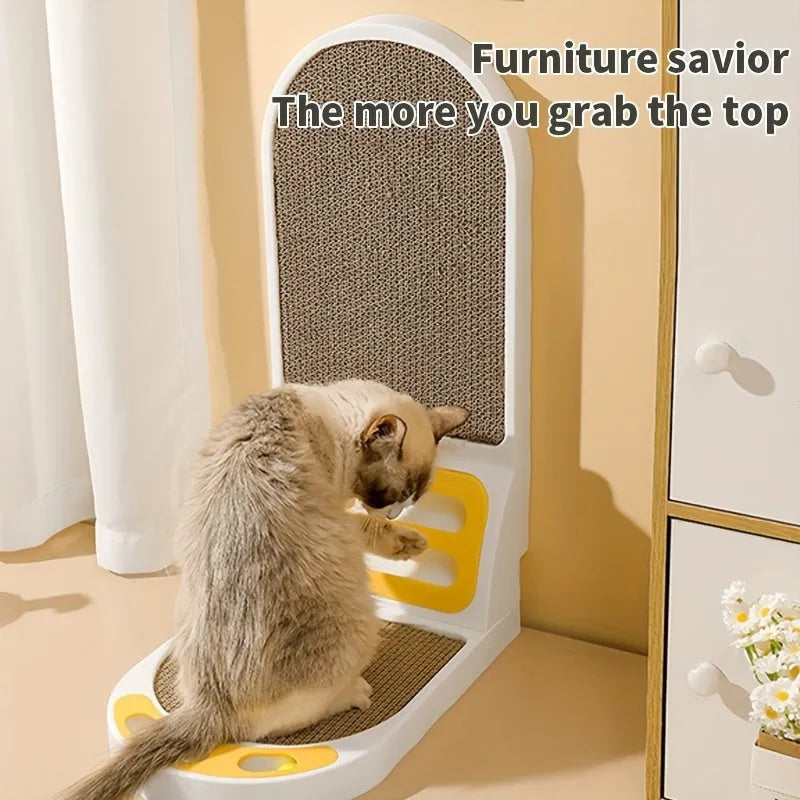 Grey L-shaped vertical cat scratching board with sisal surface mounted on a wall