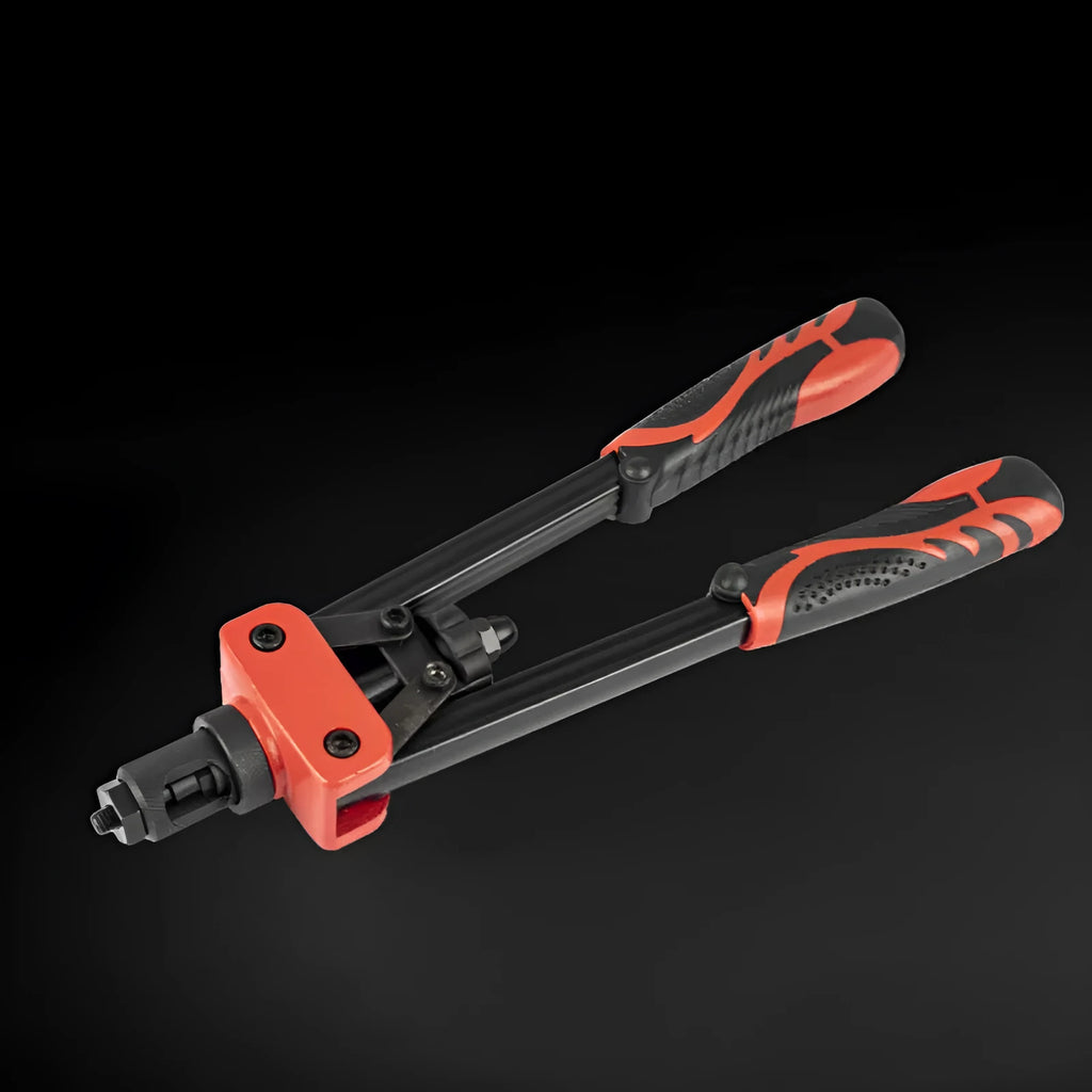 CQ14 14-inch alloy pull-setter riveter tool with six nose pieces for M3 to M10 rivet nuts.