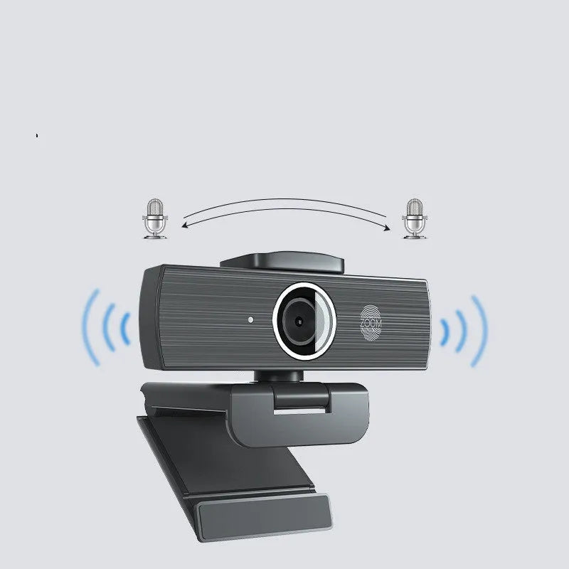 Black USB webcam with magnetic privacy cover on a laptop, showing 4K resolution and 60FPS specifications.