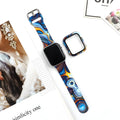 Printed silicone watch strap for Apple Watch showing multiple design options and four size variations