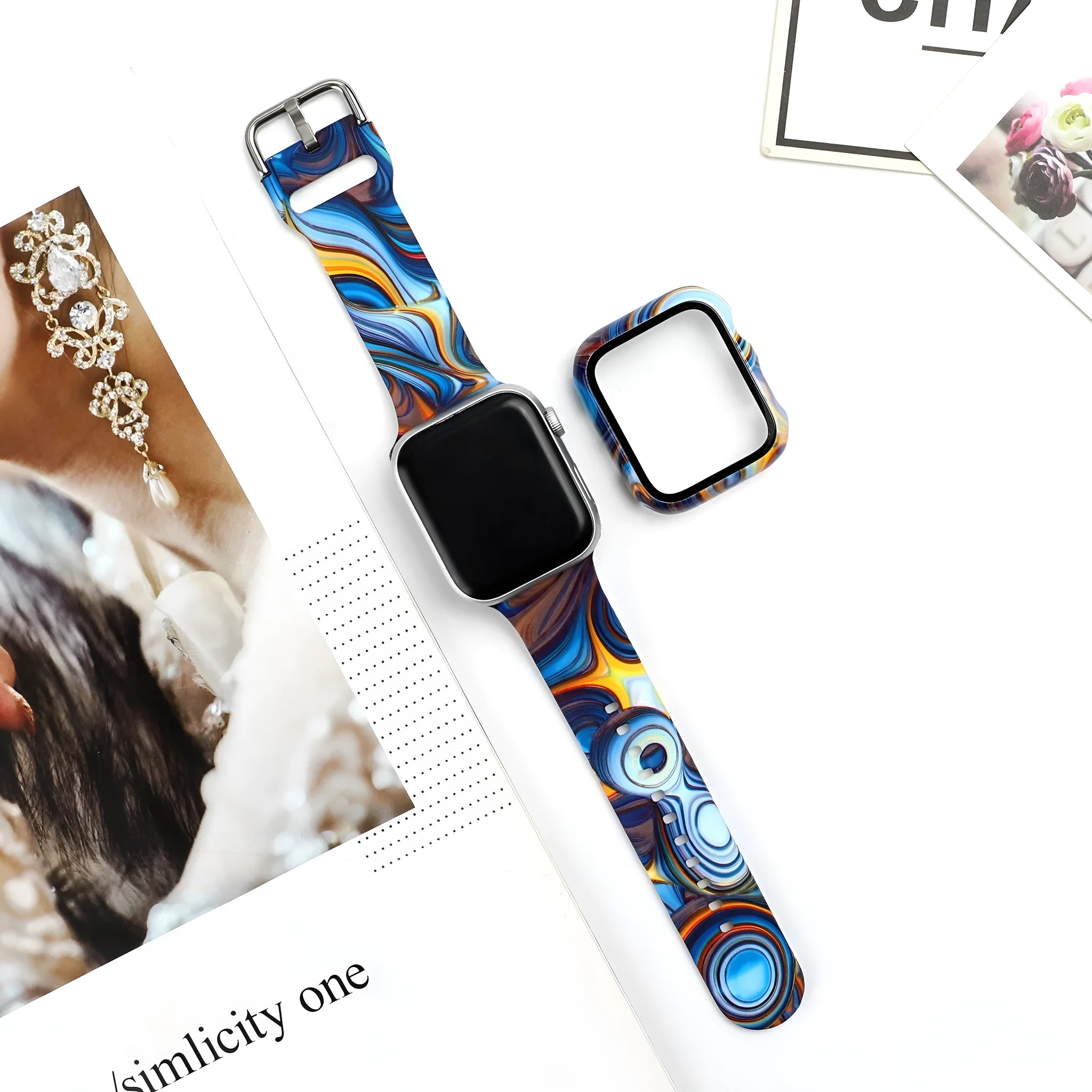 Printed silicone watch strap for Apple Watch showing multiple design options and four size variations