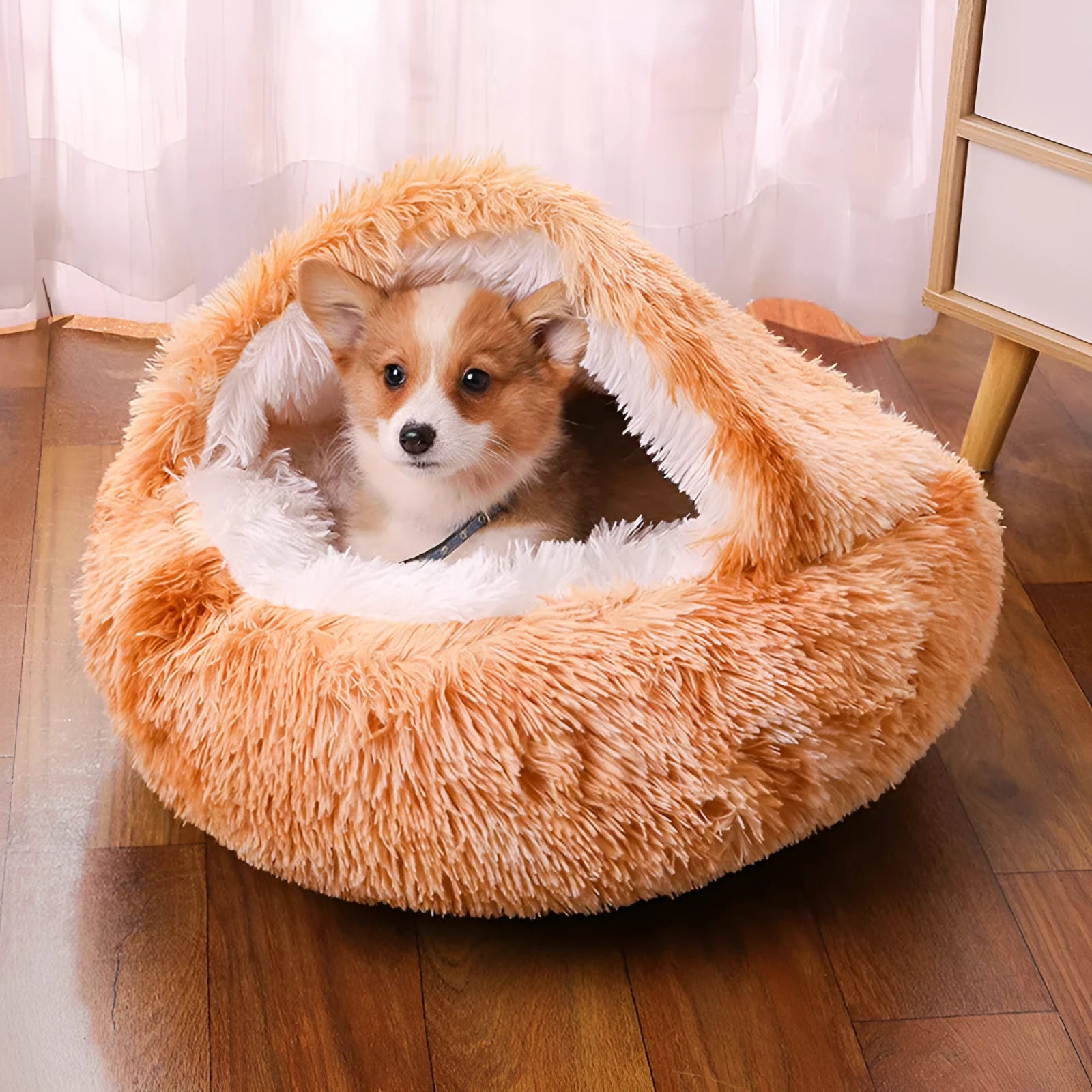 Semi-surrounded waterproof cloth dog kennel in champagne colour showing removable design