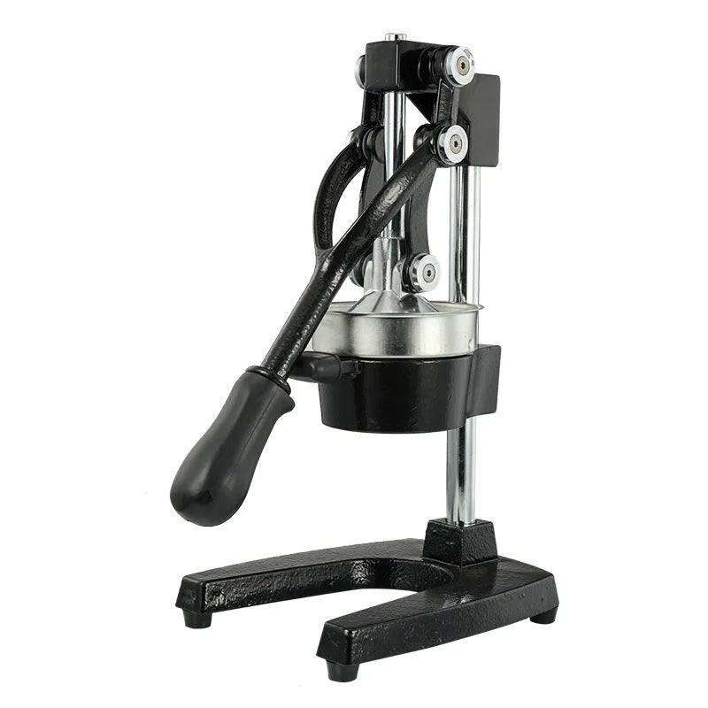 Black cast iron manual citrus juicer with stainless steel strainer, 40cm tall