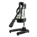Black cast iron manual citrus juicer with stainless steel strainer, 40cm tall