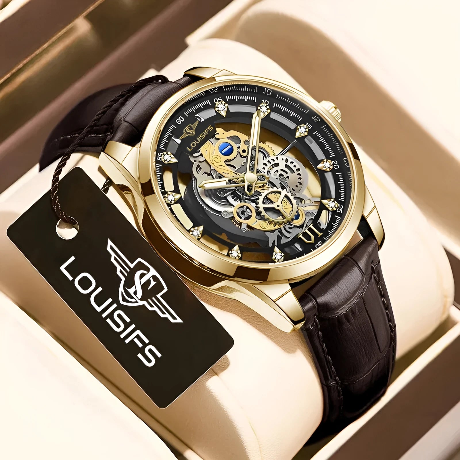 Men's Swiss hollow business quartz watch with leather strap, 12mm thickness