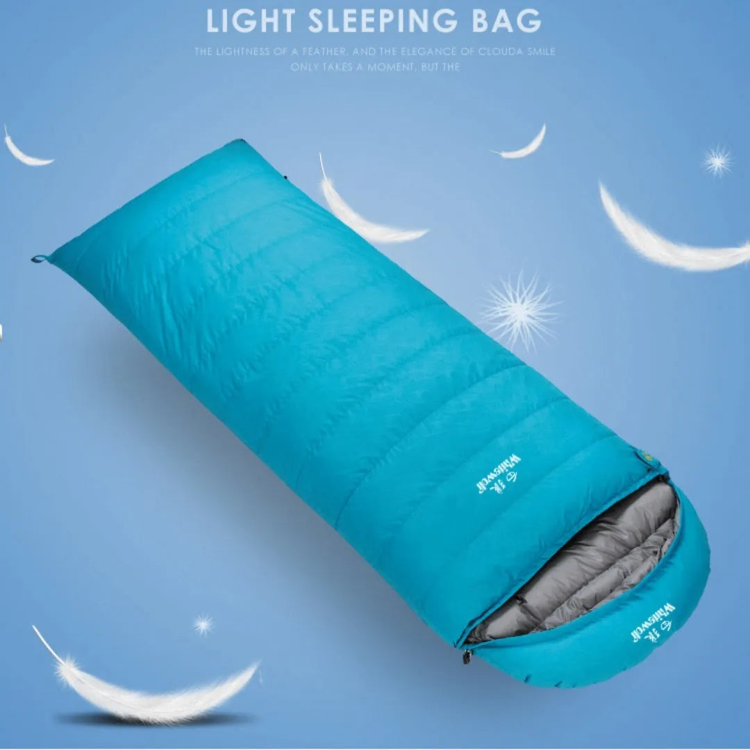 Black outdoor sleeping bag with goose down filler and tear-resistant nylon fabric shown on a neutral background.