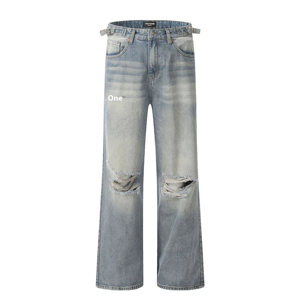 Men's blue retro ripped straight-leg jeans with zipper fly and cotton blend fabric