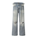 Men's blue retro ripped straight-leg jeans with zipper fly and cotton blend fabric