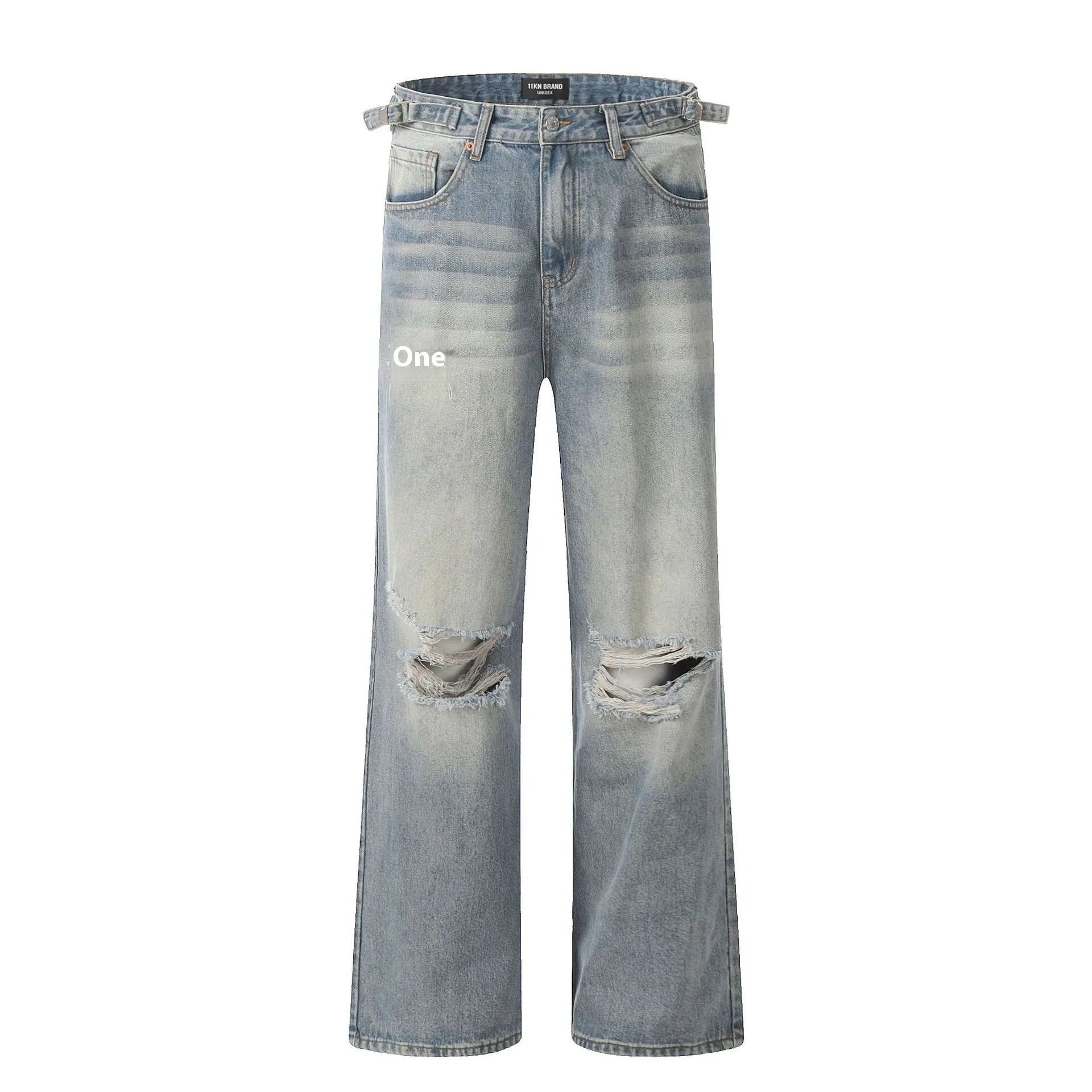 Men's blue retro ripped straight-leg jeans with zipper fly and cotton blend fabric