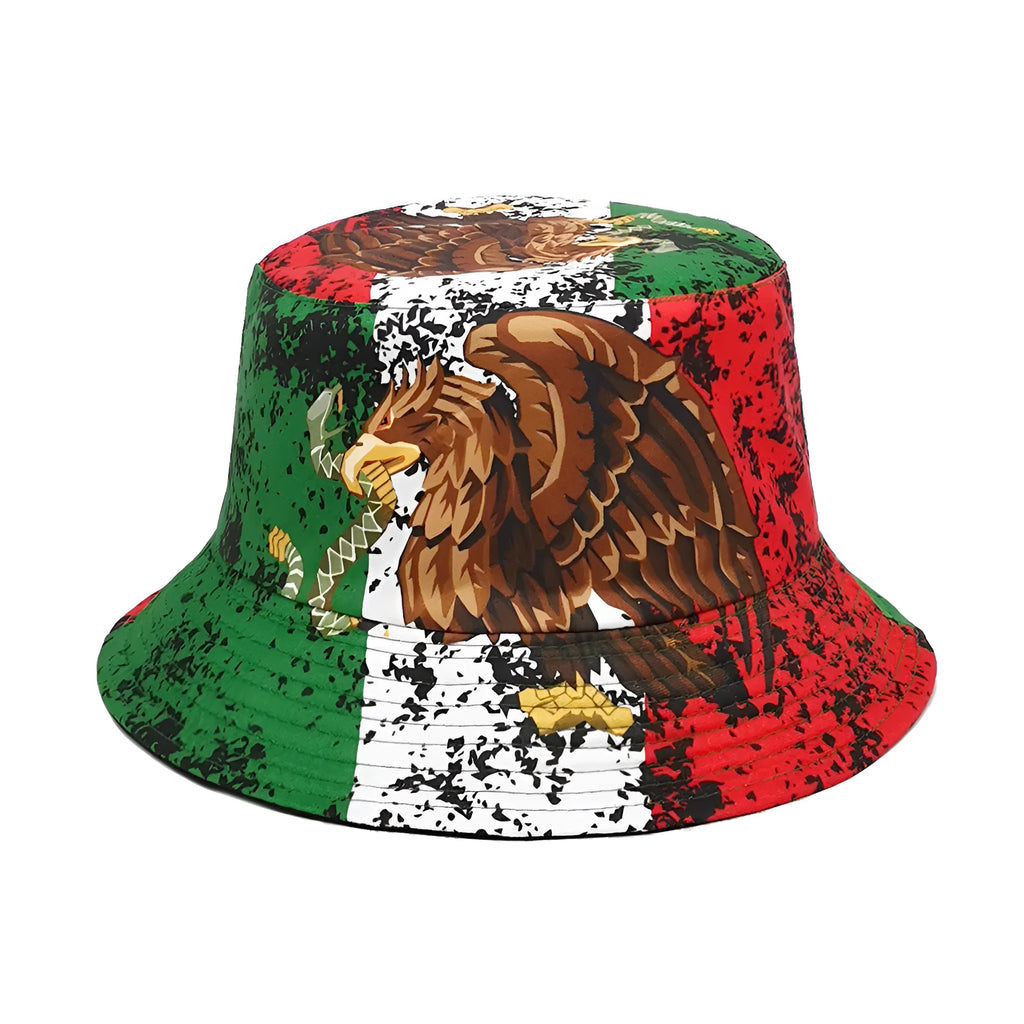 Eagle pattern retro bucket hat with dome crown on a neutral background.