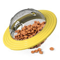 Interactive dog treat ball in blue or yellow with transparent lid for food dispensing and training