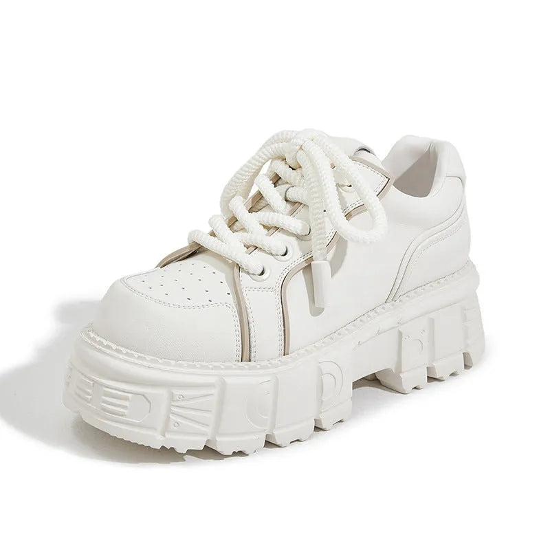 Women's beige and pink leather casual shoes with spring muffin bottom sole for height increase