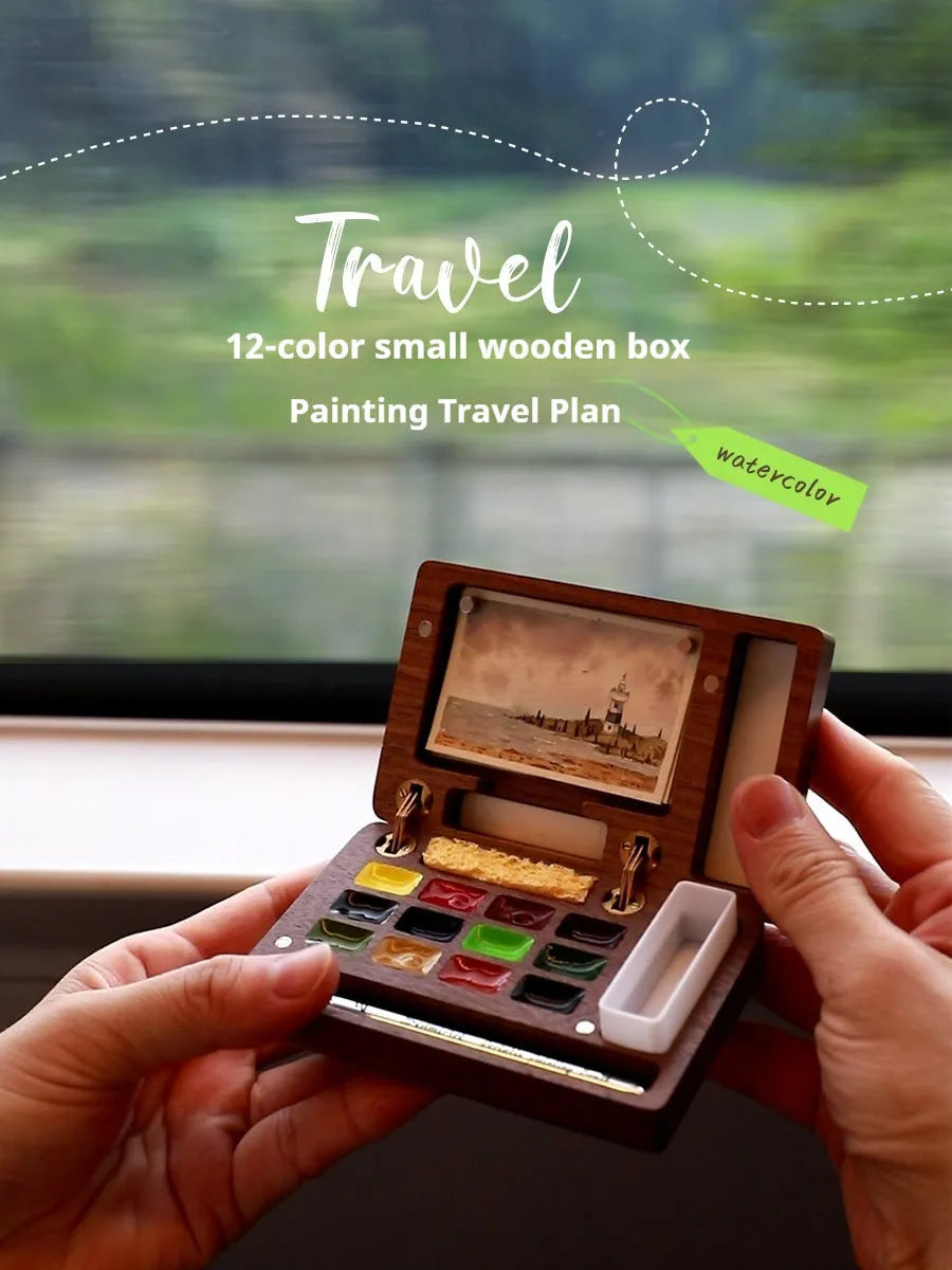 Mini walnut wood watercolour paint box with basic artist pigments and portable design