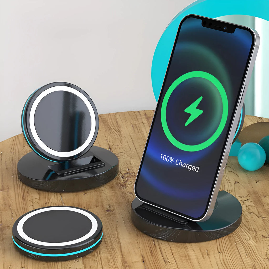 Magnetic 3-in-1 folding wireless charging stand compatible with iPhone 12 showing compact folded position