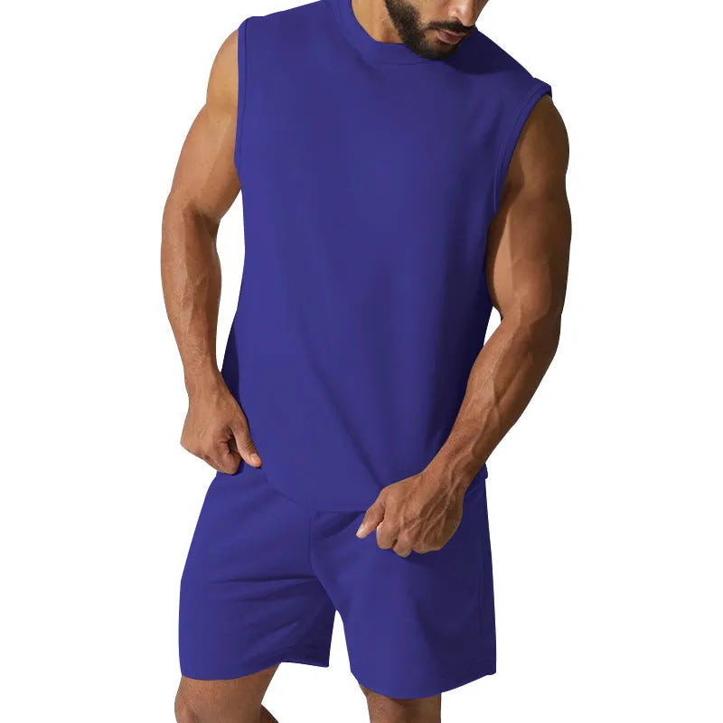 Men's sleeveless cotton-blend top and matching shorts casual sports set in army green