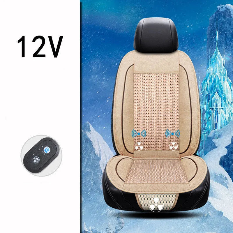 Black car ventilation massage seat cushion with power cord on vehicle seat