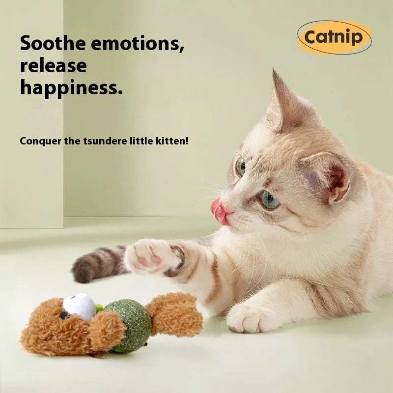 Plush catnip ball toy in animal shape with a mint ball, shown with dimensions 15cm height and 7cm width.