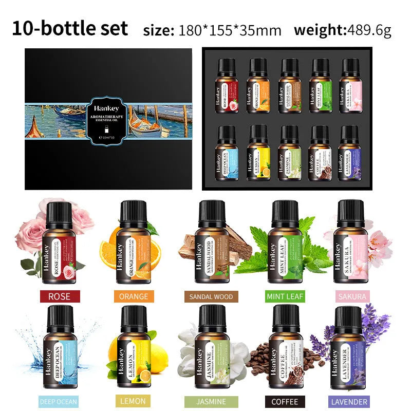 Boxed water-soluble aromatherapy essential oil sets in 3, 5, 6, 10 and 12 piece combinations