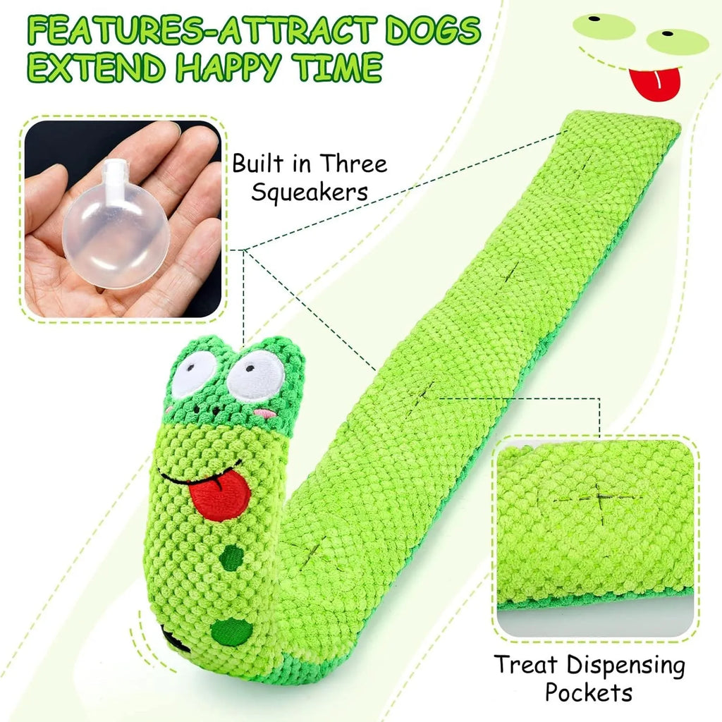 Squeak dog toy shaped like a snail with hidden food holes for puzzle training.
