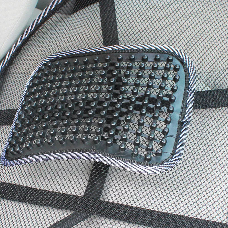 Black car lumbar support pillow with leather exterior and steel wire frame for adjustable back support
