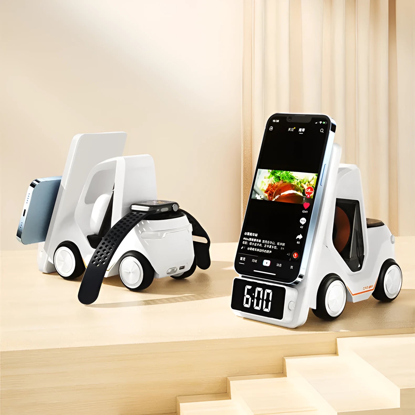 15W three-in-one wireless fast charging bracket in grey, white, yellow, or orange with USB Type-C connection