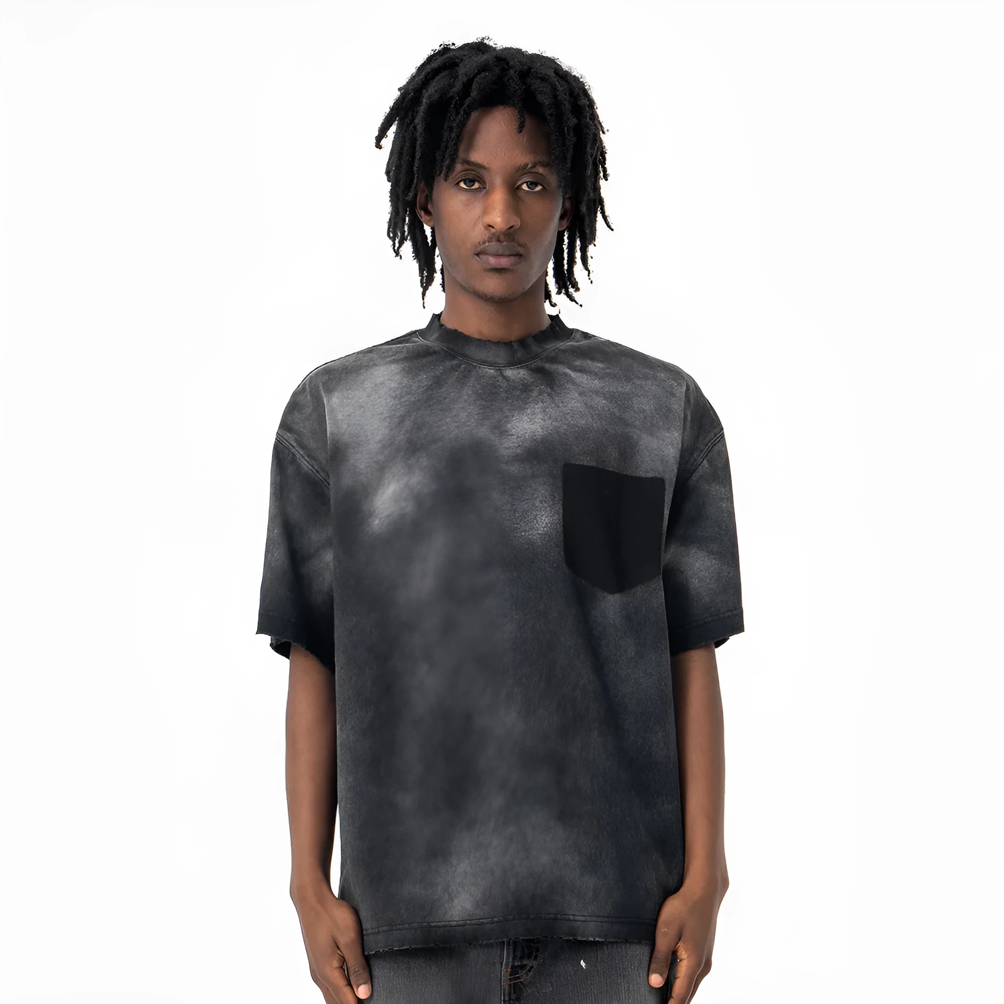 Men's black loose cotton t-shirt with printed letters and drop-shoulder short sleeves.