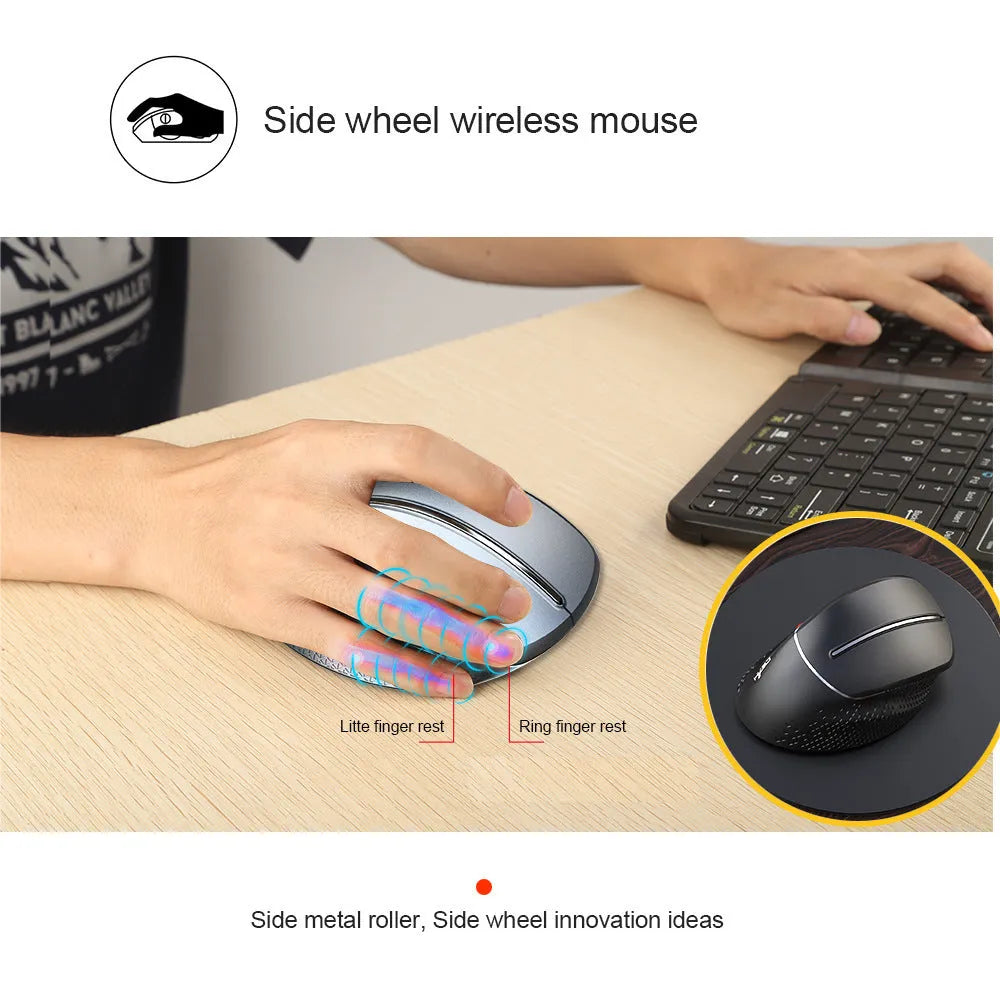 T32 black vertical wireless ergonomic mouse with aluminium side roller wheel on a desk