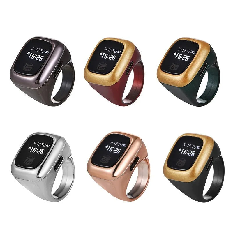 Al-Fatiha electronic dhikr counter with digital display in rose gold, black, and green colour options.