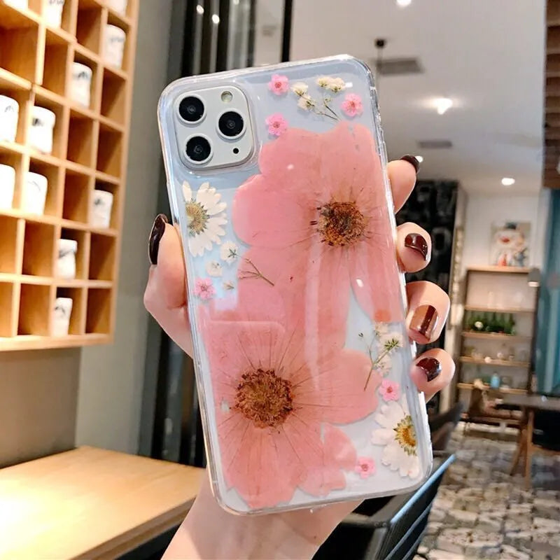 Floral TPU phone case with large pink or yellow flower pattern for iPhone models
