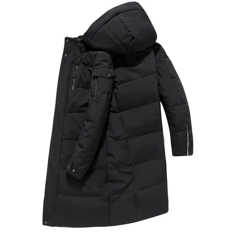 Long padded down jacket for men in black, grey, or green coffee, 100% polyester shell, white duck down filling, sizes M-5XL