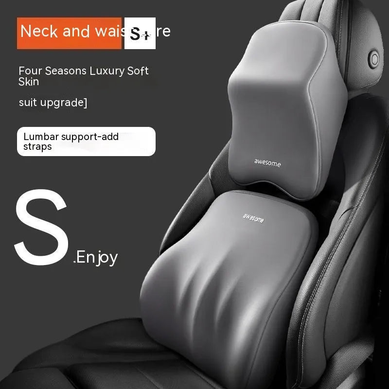 Memory foam automotive headrest pillow and lumbar support pillow set shown in one of four solid colour options.