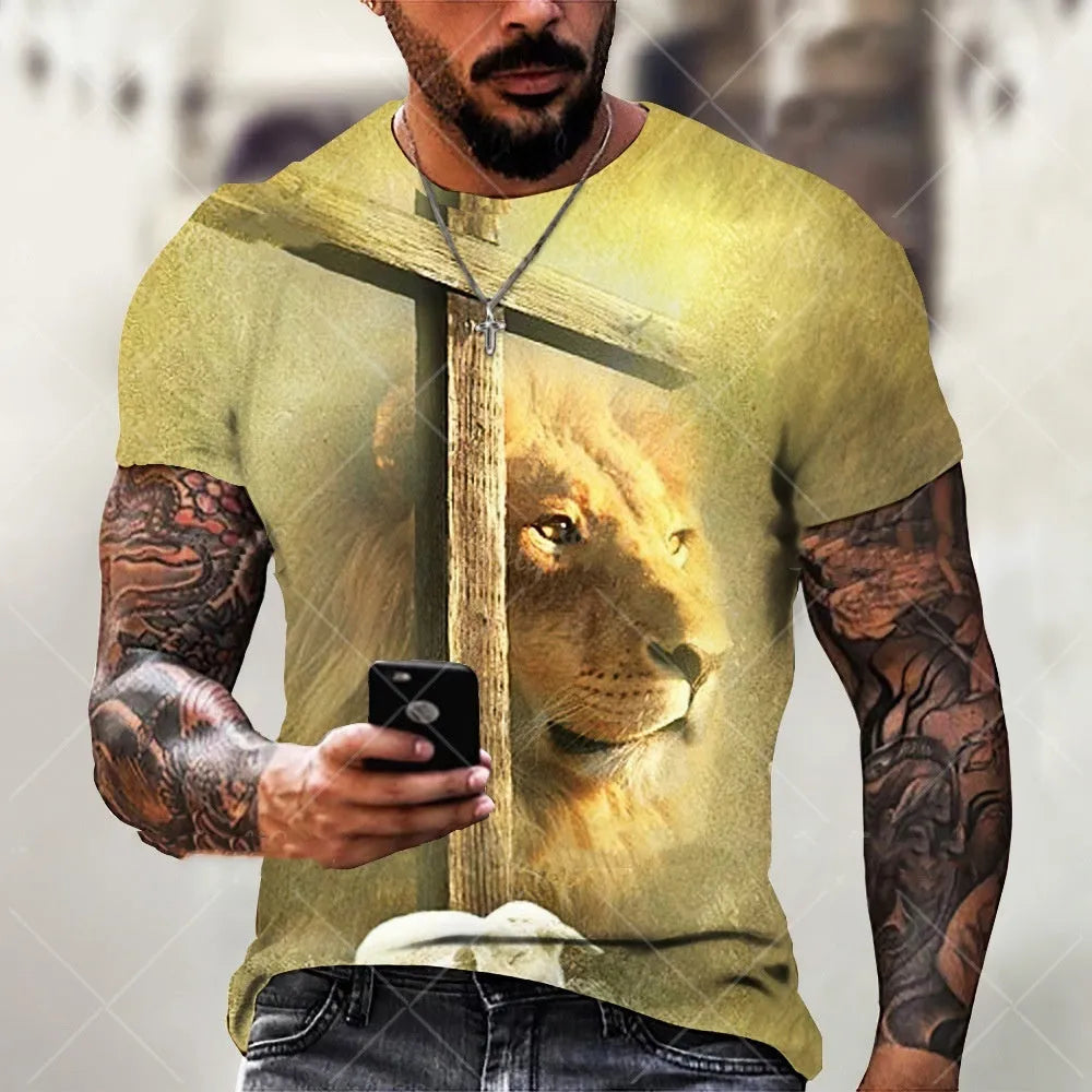 Men's grey T-shirt with a 3D printed Jesus design on the chest, short sleeves, made from Bird Eye cloth.