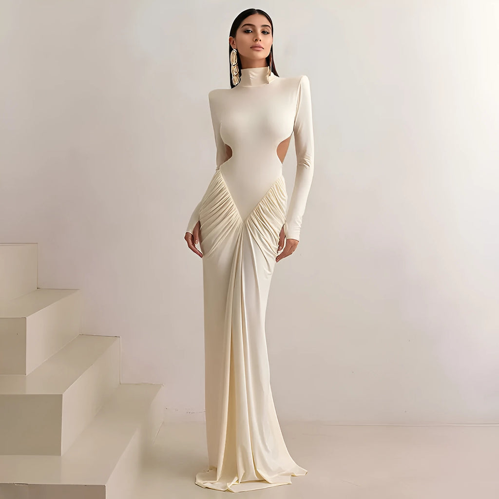Women's slim fit long sleeve dress with high collar and pleated backless detail.