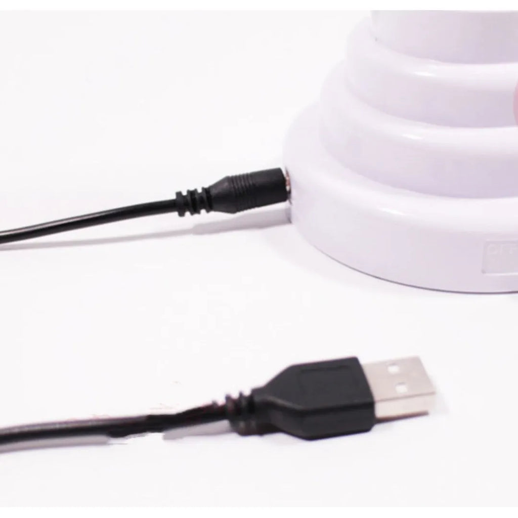 White minimalist bamboo-shaped desk lamp with green glow, showing USB cable and two size options.