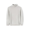 100% wool turtleneck sweater with ribbed hem, shown in five colours, sizes M to 3XL.
