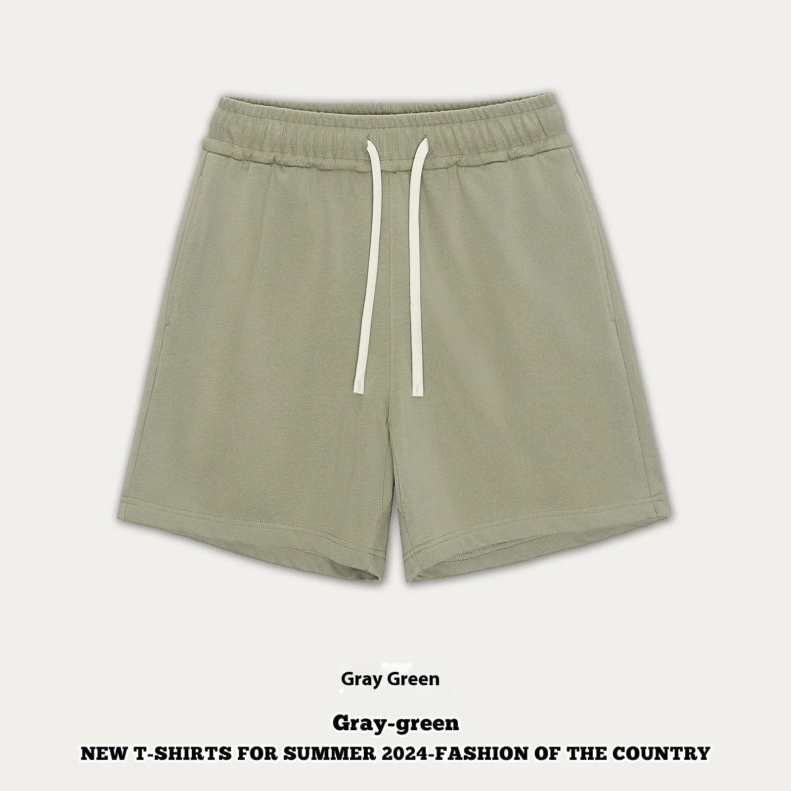Children's loose cotton denim shorts in charcoal grey, cream apricot, khaki, grey green, and black colours