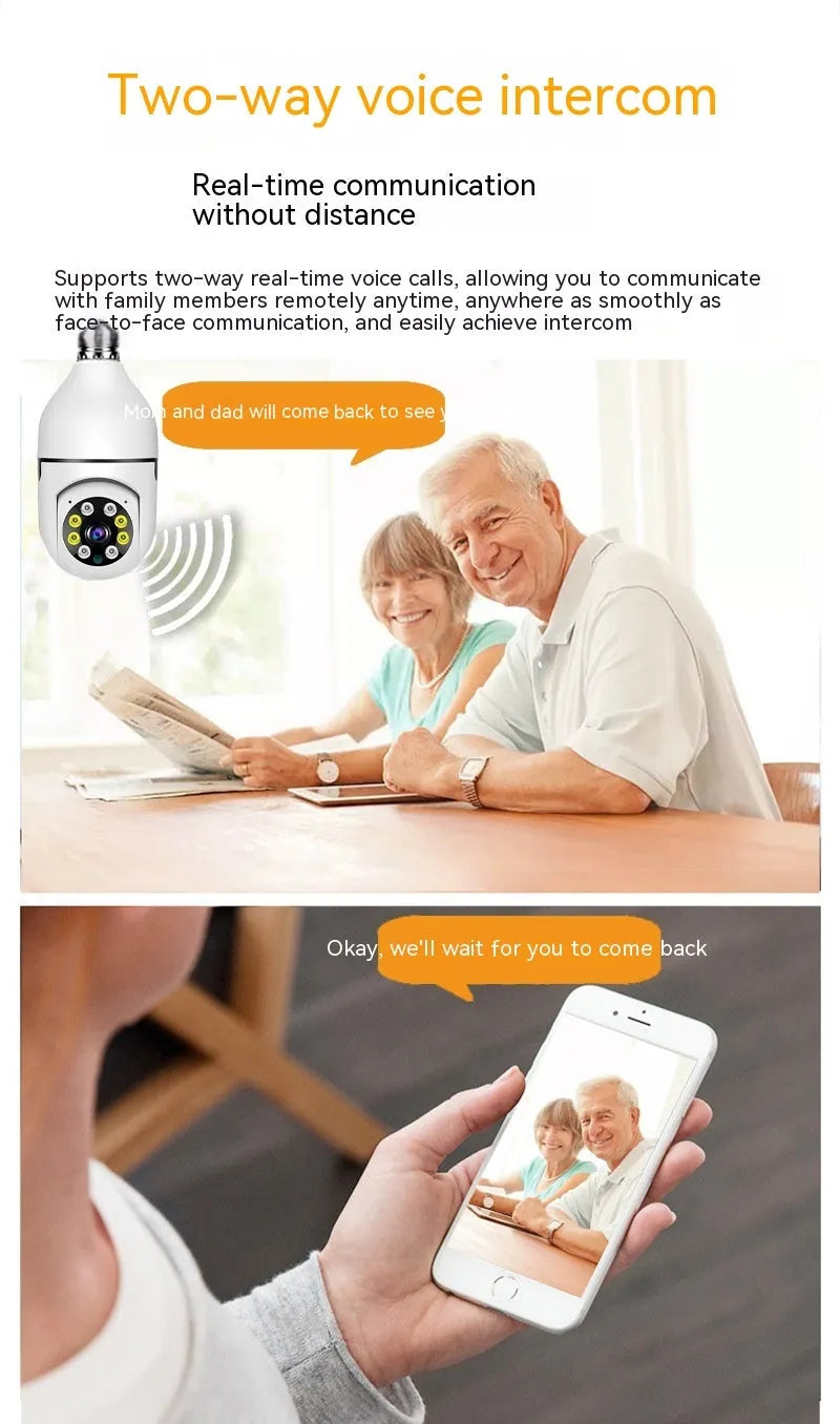 Wireless WiFi bulb security camera with plastic and metal construction measuring 5x12cm