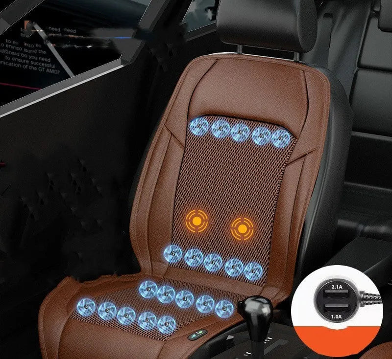 Car seat cooling cushion with ventilation grid and fan unit, shown in black colour