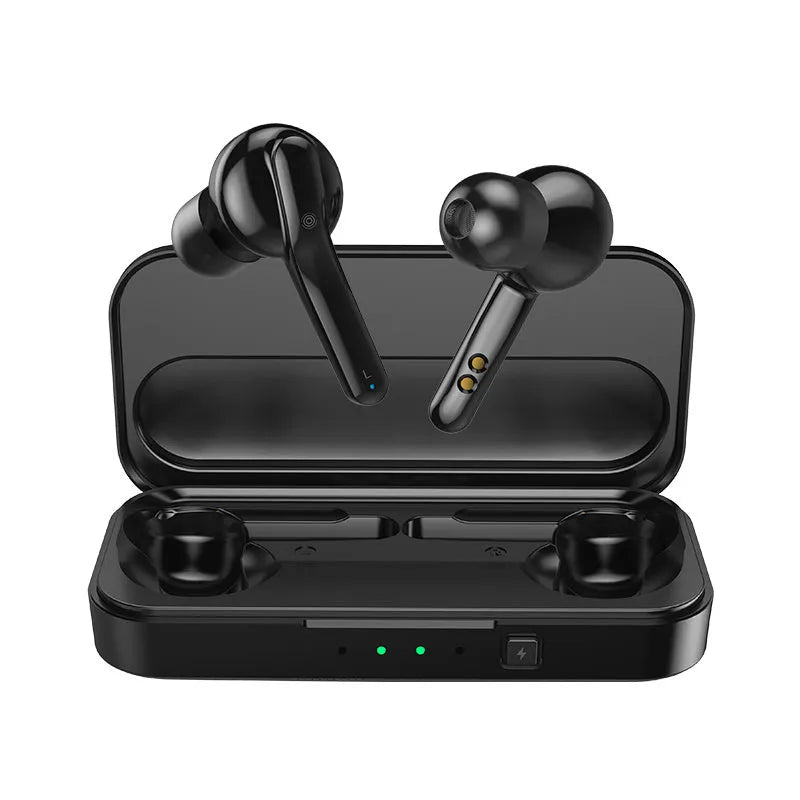 Black and white TWS wireless Bluetooth earbuds with an IPX5 waterproof rating.