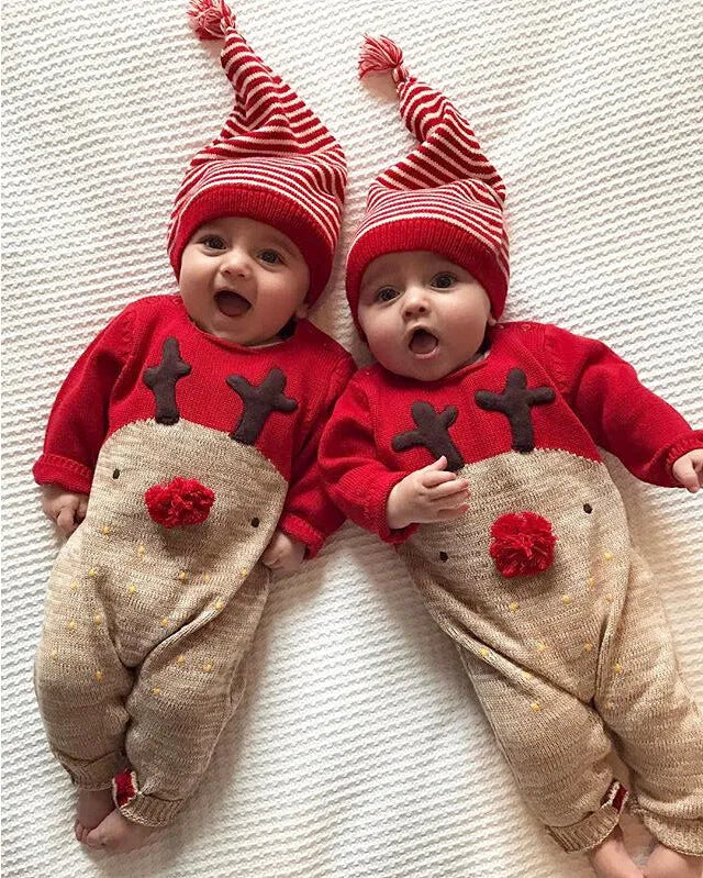 Christmas deer romper in red, long sleeve cotton unisex baby outfit for autumn and spring, sizes 70-100