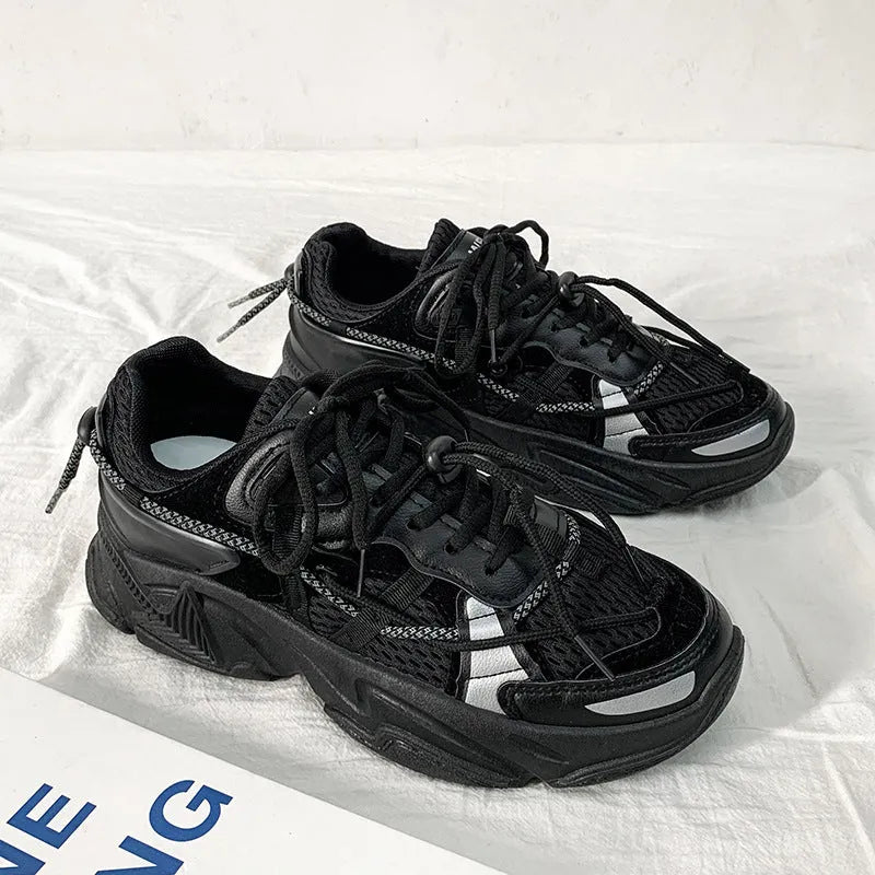 Men's white Korean-style platform dad shoes with chunky sole and lace-up front.