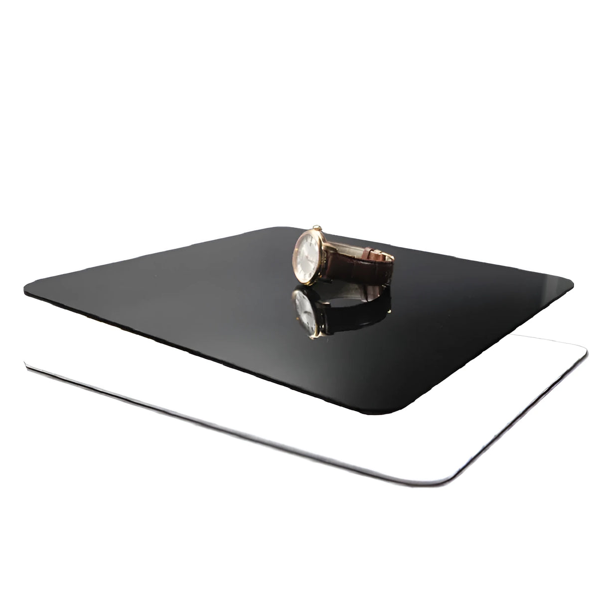 Black and white acrylic reflection boards in 20cm, 30cm, and 40cm square sizes for jewellery photography