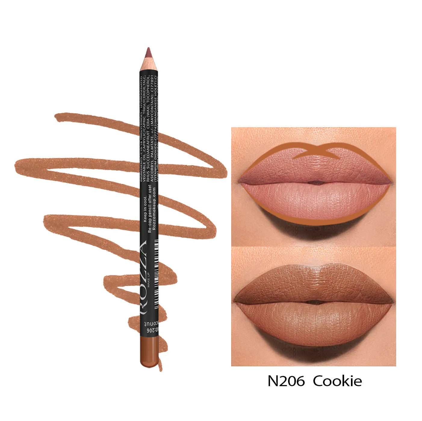 Matte finish lip liner pencil in a standard size, shown in one of fourteen available shade numbers.